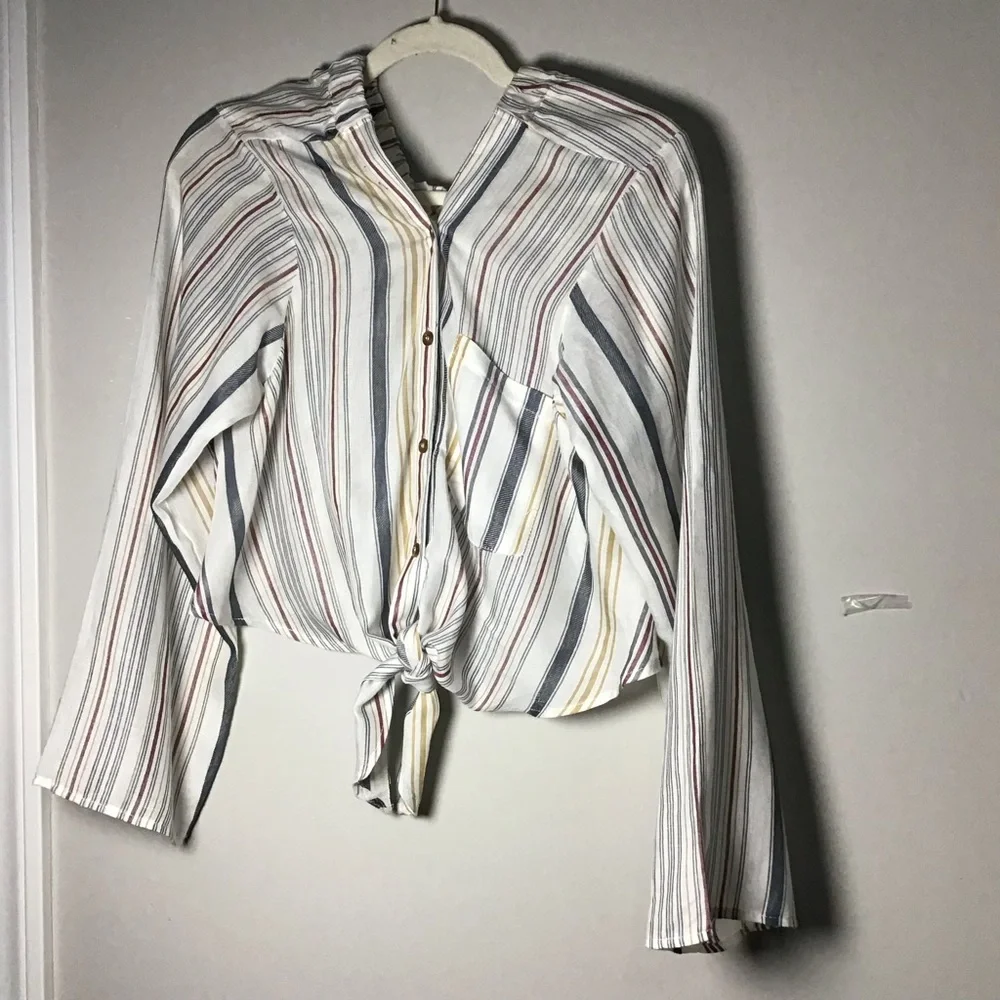 Free People multi colored stripe Tie-Front blouse Button Shirt pocket XL